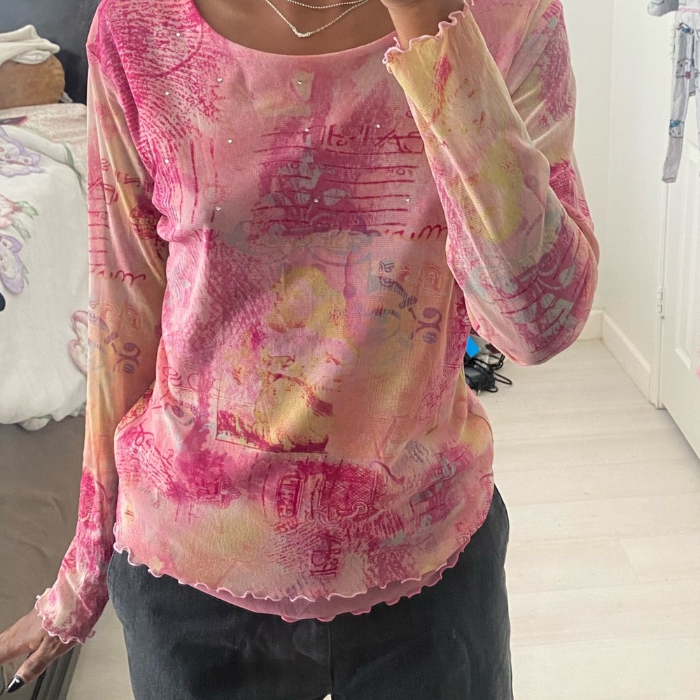 SOLD Vintage Zavanna size large mesh pink and gold graphic long sleeve top